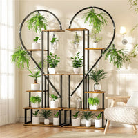 2-Pack 6-Tier Half-Heart Plant Stand – Indoor & Outdoor Metal and Wood Plant Display Rack with Side Hooks for Living Room, Garden, Balcony, Office