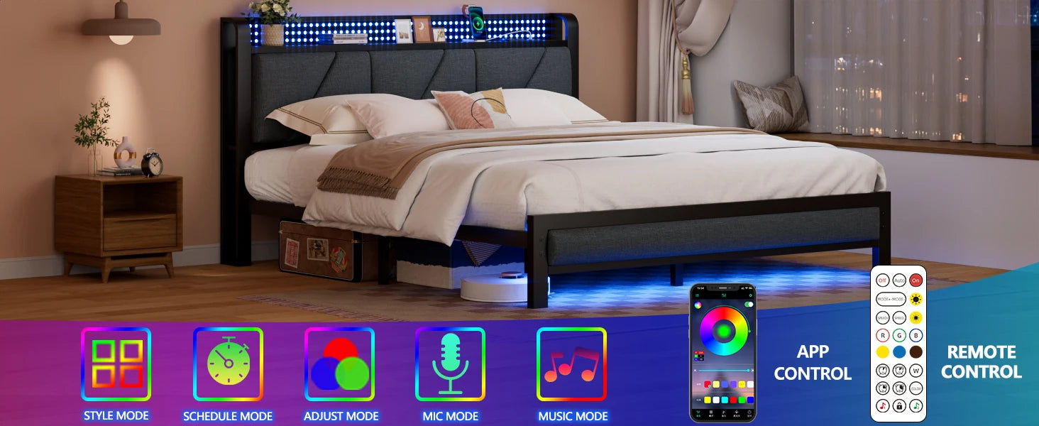 Queen Size Bed Frame with Headboard and LED Lights, Upholstered Bedframe with Charging Station and USB Port, Platform Metal