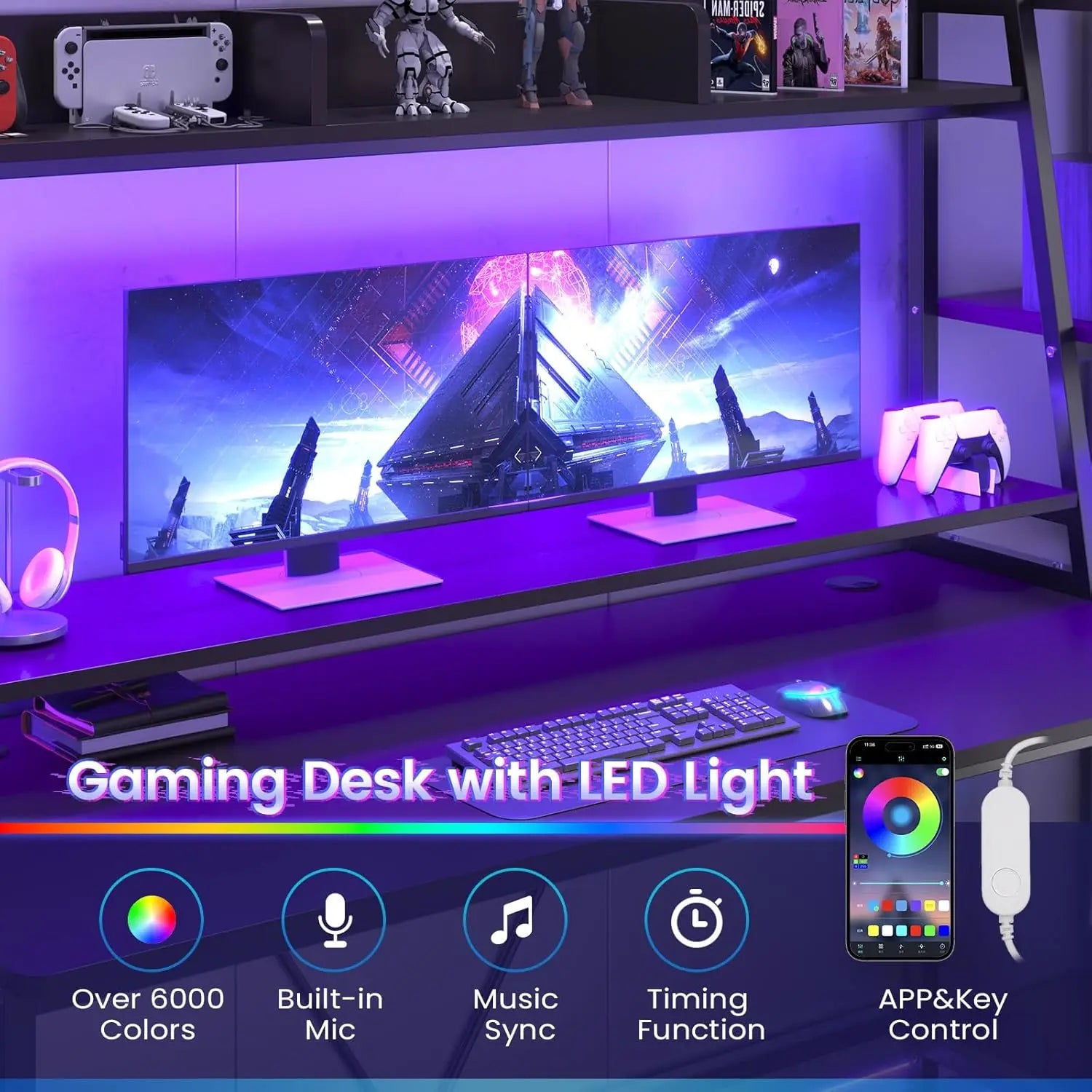FurnishSpot Multifunctional Gaming Desk with LED Lights, Monitor Stand & Storage Shelves – 55” RGB PC Workstation Desk
