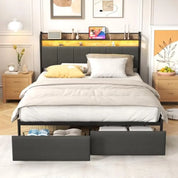 LED Queen Size Bed Frame with Storage Drawer and Charging Station