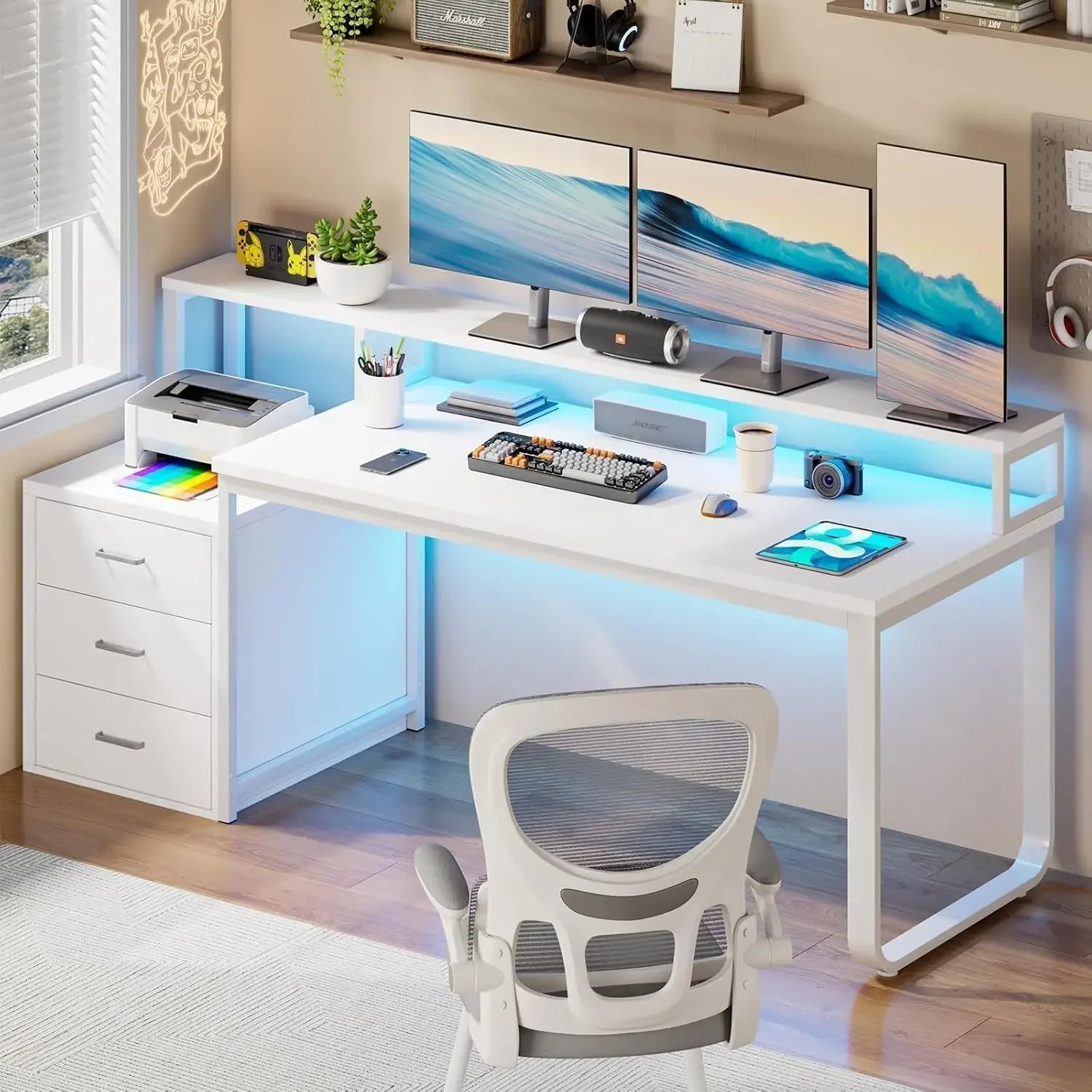 67" Computer Desk with 3 Drawers, Home Office Desk with Long Monitor Stand and Printer Space, Office Desk with Storage