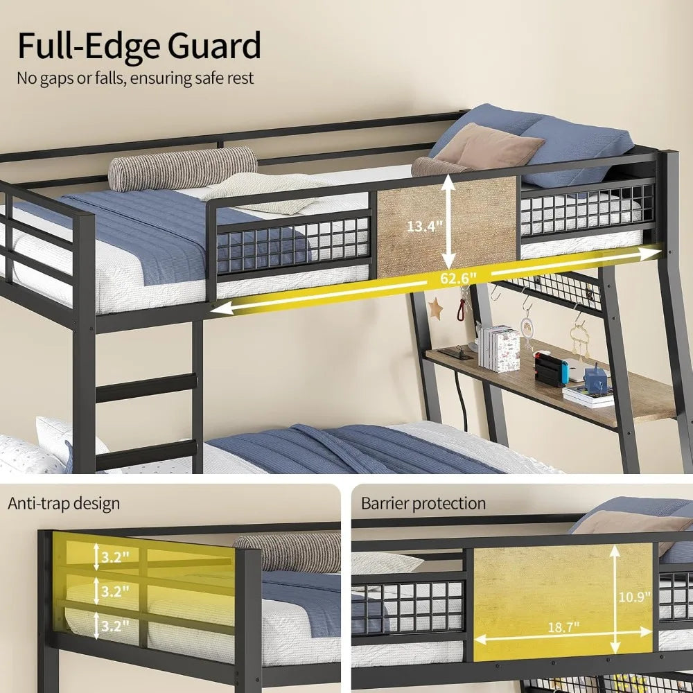 Bunk Bed with Desk, Twin Over Twin Metal Bunk Beds with Power Outlets, RGB LED Lights, 2 Larger Storage Drawers, Bed with Safety