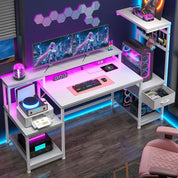 55" Gaming Desk with LED Lights & Outlets,Computer Desk with Drawers & Monitor Stand,Gaming Table with Storage Shelves