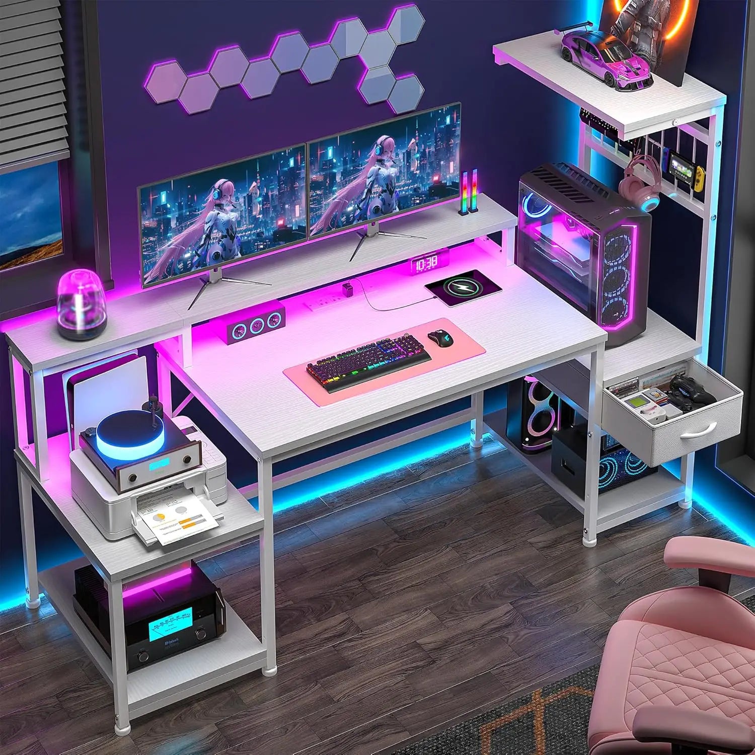 55" Gaming Desk with LED Lights & Outlets,Computer Desk with Drawers & Monitor Stand,Gaming Table with Storage Shelves