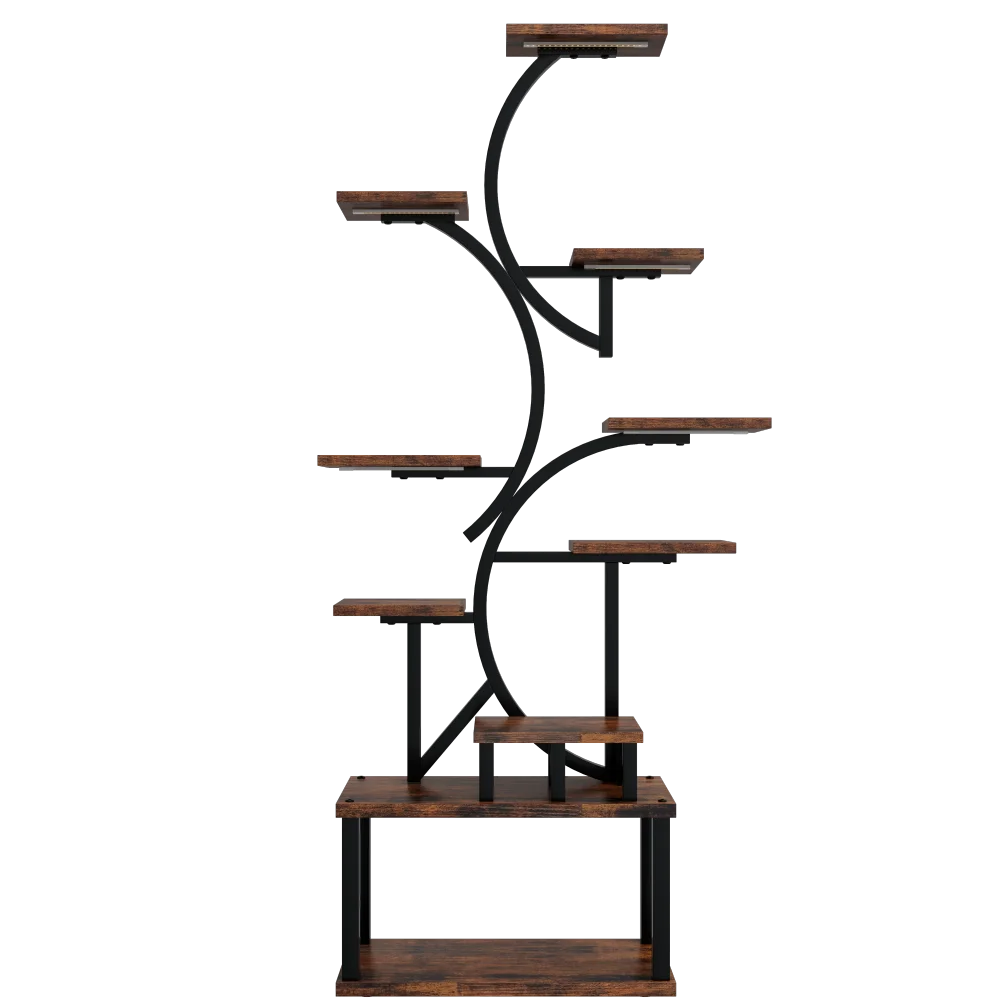 10-Tier Plant Stand with Grow Lights,S-Shaped Corner plant pack for Indoor Plants in Living Room,Garden,Patio,Deep Rustic Brown