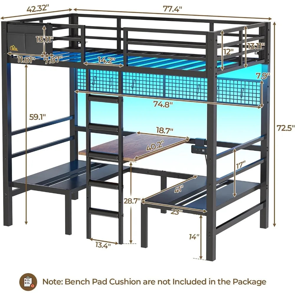 Twin Over Twin Bunk Bed with Led Lights and Charging Station Convertible Loft Bed Twin Size with Desk and Seat Metal Bunk Bed w