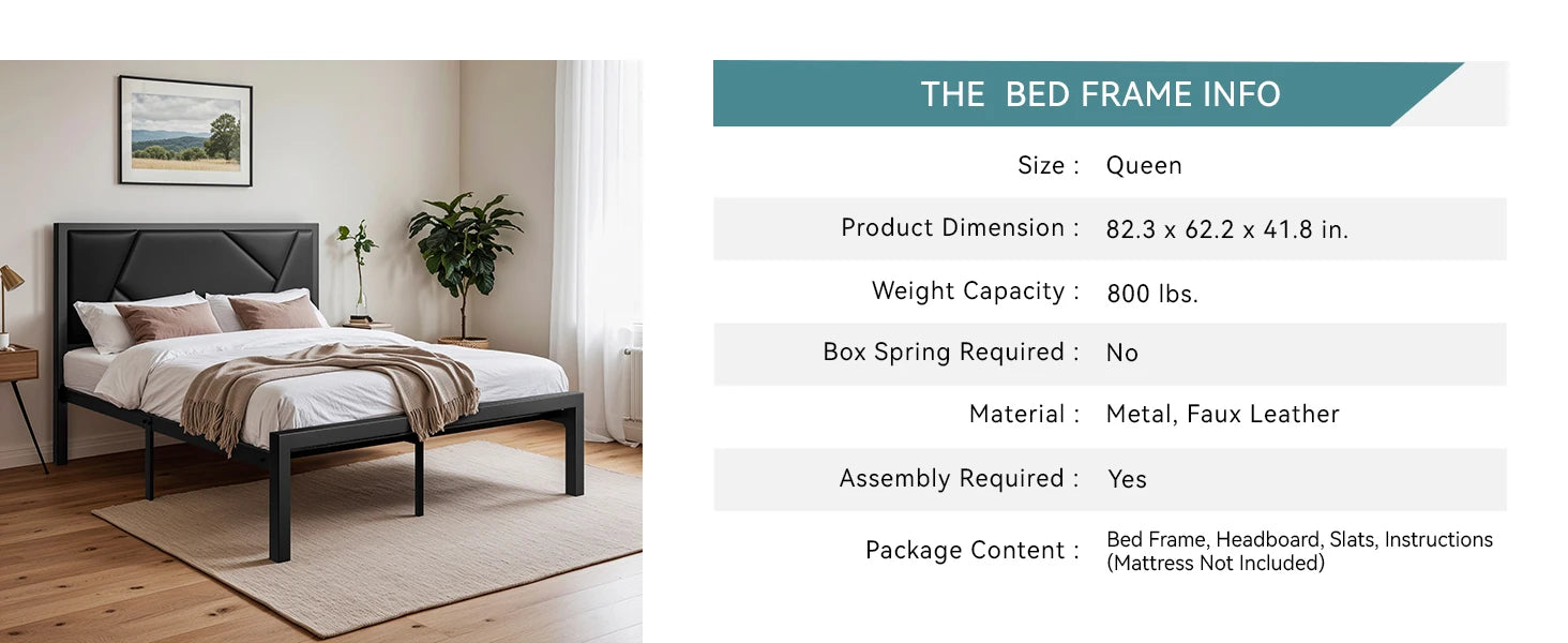HOOMIC Metal Bed Frame with Upholstered Headboard, Litchi Grain Faux Leather Design, Easy Assembly, No Box Spring Needed Allewie