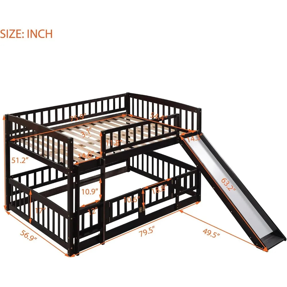 Full Over Full Low Bunk Bed with Slide and Fence Railings Wood Floor Bunk Beds with Ladder for Toddler Kids Boys Girls, Espresso