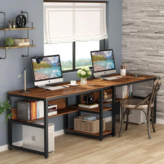 Desk with Bookshelf, 78.7 Computer Office Double Desk for Two Person, Rustic Writing Desk Workstation with Shelf for Home Office