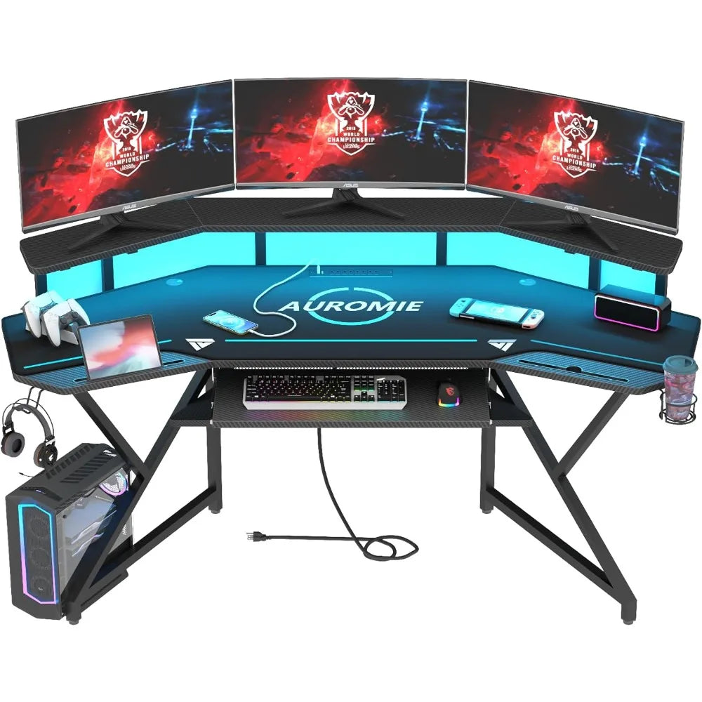 Gaming Desk with Power Outlet & LED Light, 72" Large Wing-Shaped Computer Desk w Monitor Stand & Keyboard Tray & Full-Size Mouse