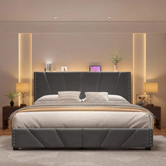 EnHomee King Size Bed Frame with Velvet Headboard and LED Lights, Storage Headboard Platform Bed with Charging Station, Sturdy W