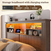 EnHomee King Size Bed Frame and Headboard, King Bed Frame with 4 Drawers USB & LED, Farmhouse Bed Built in Charging Station,No B