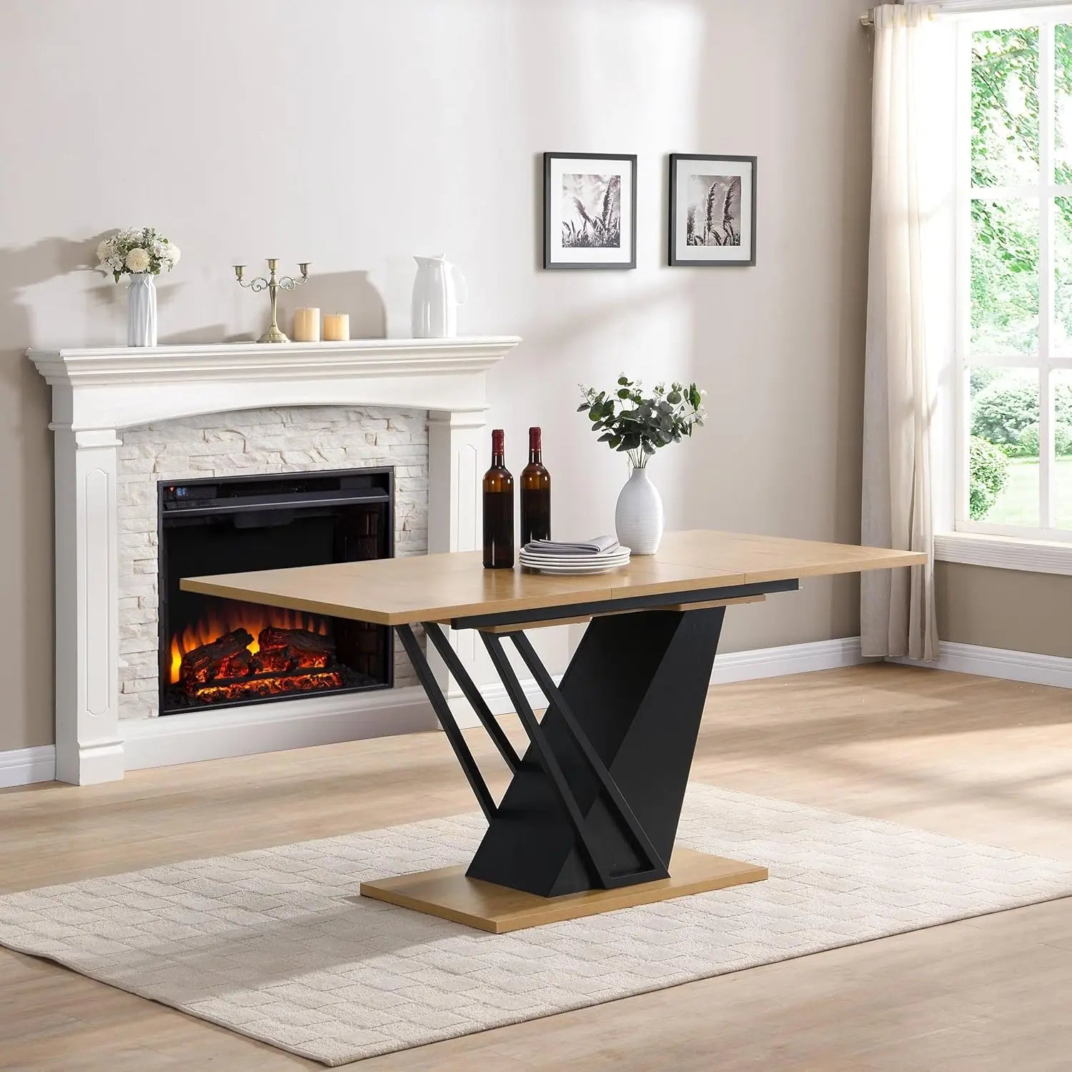 Extendable Dining Room Table for 4-6, Modern 61.81" (46.46") Wooden Geometric Rectangular Expandable Conference Kitchen Table wi