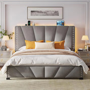 Queen Size LED Platform Bed Frame with Velvet Headboard, Charging Station & RGB LED Lights