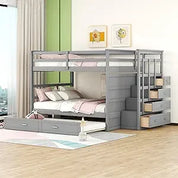Full Over Full Bunk Bed with Twin Size Trundle and Stairs, and Storage Drawers