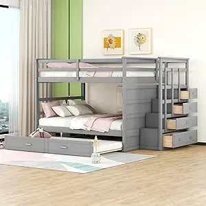 Full Over Full Bunk Bed with Twin Size Trundle and Stairs, and Storage Drawers