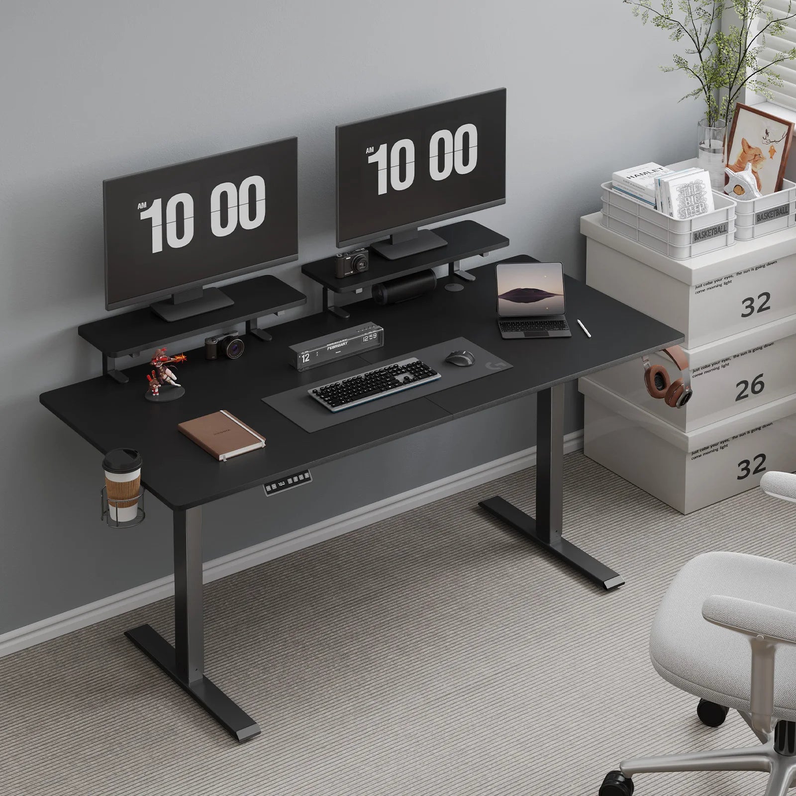  2 Adjustable Monitor Shelves,Electric Stand Up Desk with Memory Controller & Adjustable Height