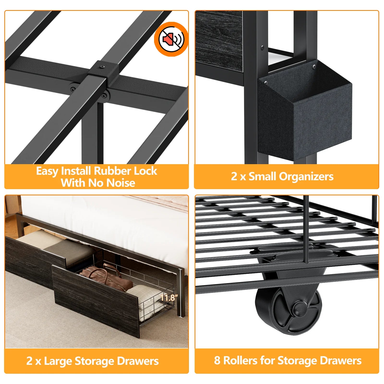 Full/Queen Size Bed Frame with Storage Headboard, Metal Platform Bed Frame with Storage Drawers, LED Lights and Charging Station