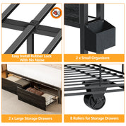 Full/Queen Size Bed Frame with Storage Headboard, Metal Platform Bed Frame with Storage Drawers, LED Lights and Charging Station