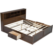Harper & Bright Designs King Size Platform Bed with Bookcase Headboard and Storage Drawers, Wood King Storage Bed Frame with USB