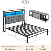 Full Size Bed Frame with Headboard and 60" W Bed End Stool, 2 Drawers & LED & Charging Port