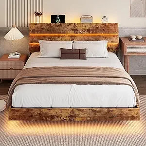 Floating Bed Frame King Size with Led Headboard and Charging Station, Metal Platform Bed Base with Storage, Remote Control, Heav