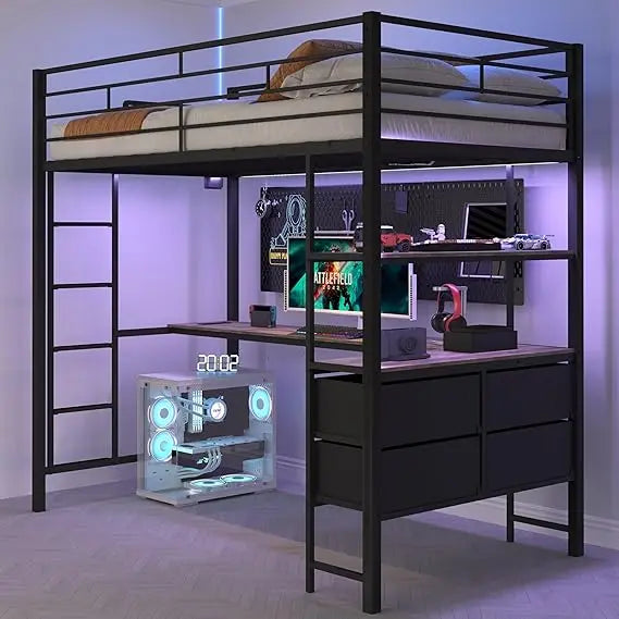 Twin Metal Loft Bed Frame With 15" Safety Guardrail, Non-Slip Ladder, 2 Charging Stations, L-Shaped Desk, and Storage Shelves