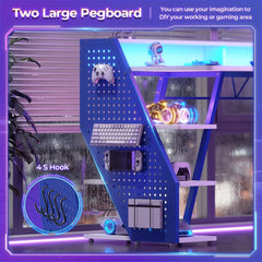 Gaming Table 55'' with LED Light and Storage Shelves, Computer Table with Monitor Stand, Power Outlets and Pegboard, White/Blue