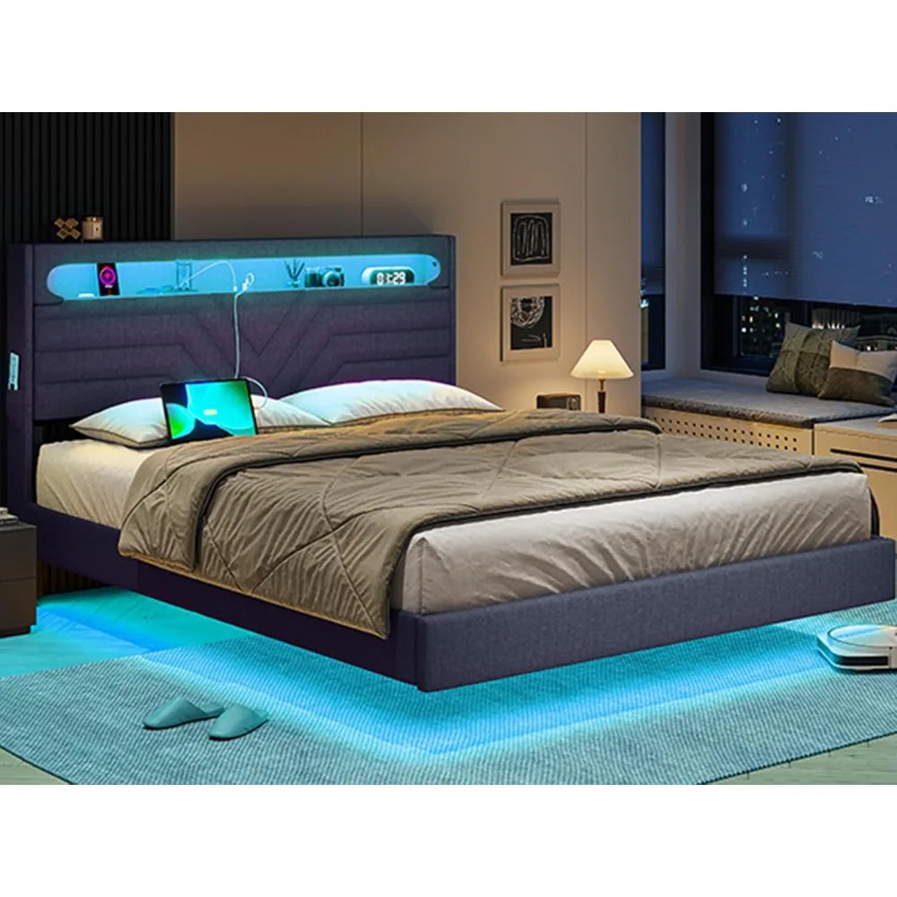 Queen Floating Bed Frame with RGB LED Lights Headboard, USB-C/A Power Combo, Linen Upholstered Platform Bed with Storage Headboa