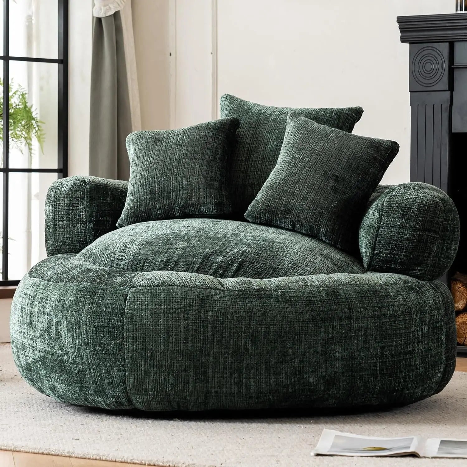 Giant Bean Bag Couch Chairs for Adults, Oversized Lazy Sofa with Memory Foam Filling and 3 Pillows, Soft Chenille Bean Bag Couch