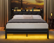Queen Size Bed Frame with Headboard and LED Lights, Upholstered Bedframe with Charging Station and USB Port, Platform Metal