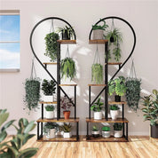 2-Pack 6-Tier Half-Heart Plant Stand – Indoor & Outdoor Metal and Wood Plant Display Rack with Side Hooks for Living Room, Garden, Balcony, Office