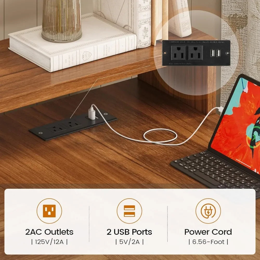 Farmhouse L Shaped 55" Desk with Drawers and Storage Shelves, and LED Lights