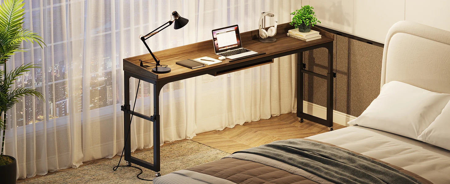 Height Adjustable Overbed Table with Wheels for Queen Size Bed