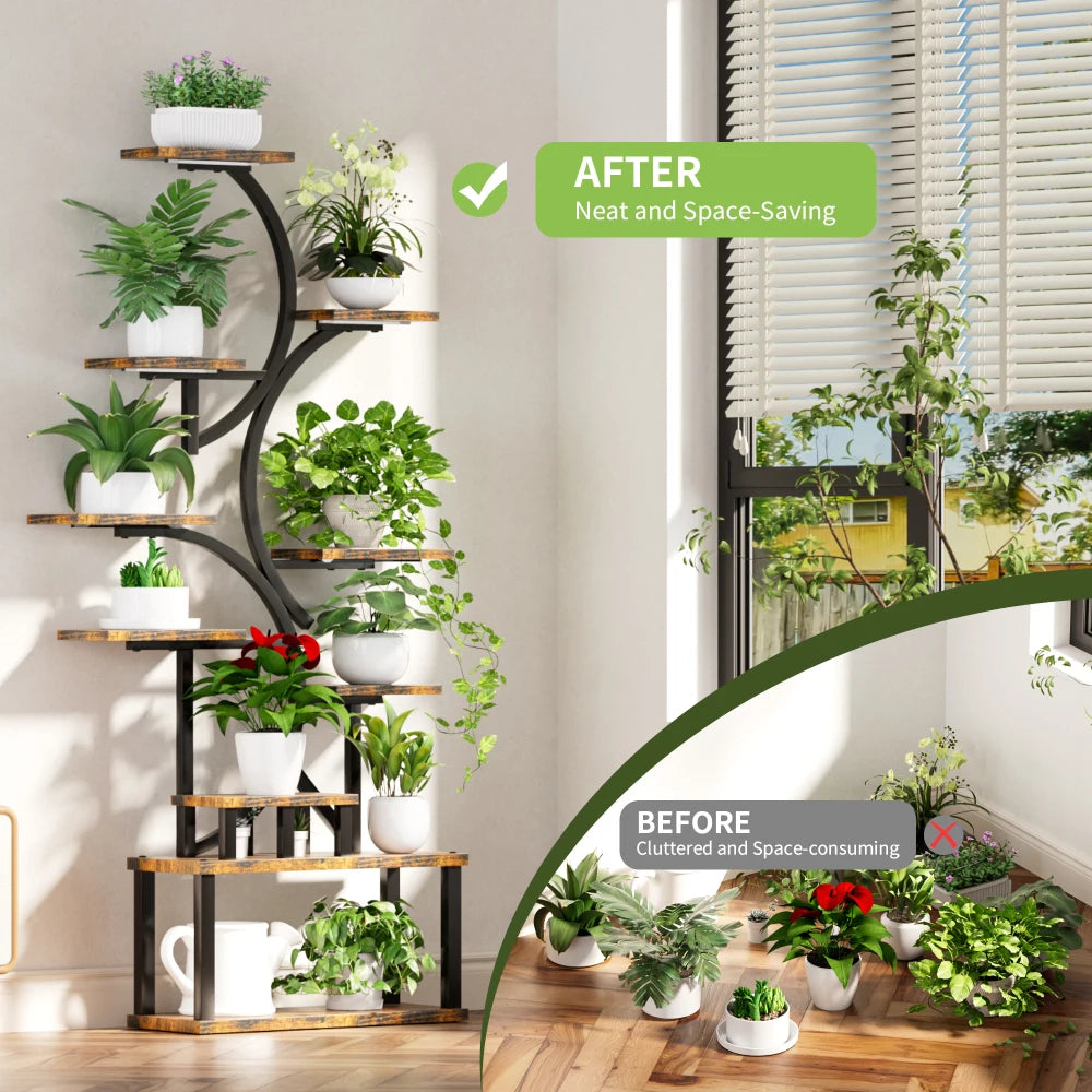 10-Tier Plant Stand with Grow Lights,S-Shaped Corner plant pack for Indoor Plants in Living Room,Garden,Patio,Deep Rustic Brown