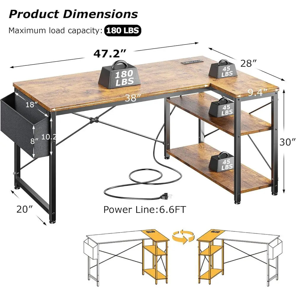 FurnishSpot SpaceSmart™ L-Shaped Computer Desk with Power & Storage – Rustic Brown