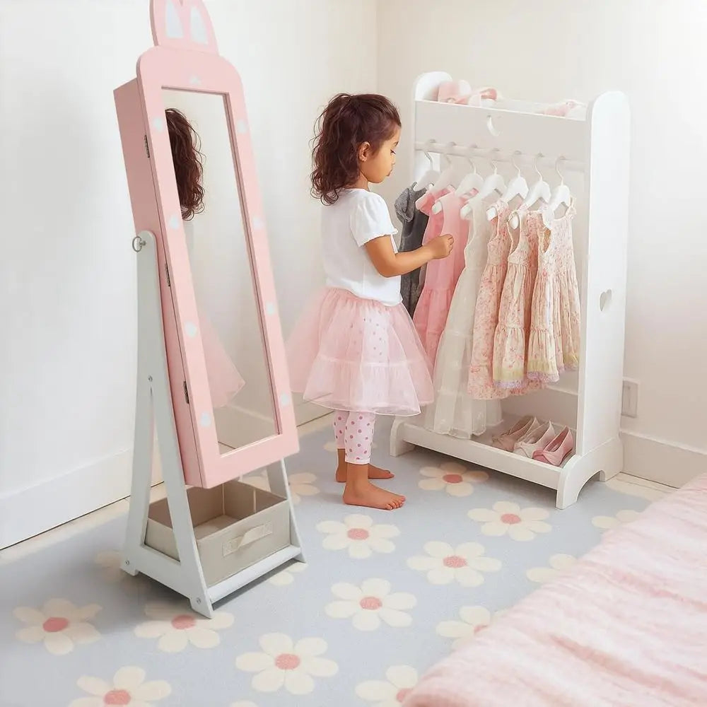 Children's Pink Rabbit-Themed Armoire with Removable Drawers and Full-Length Mirror