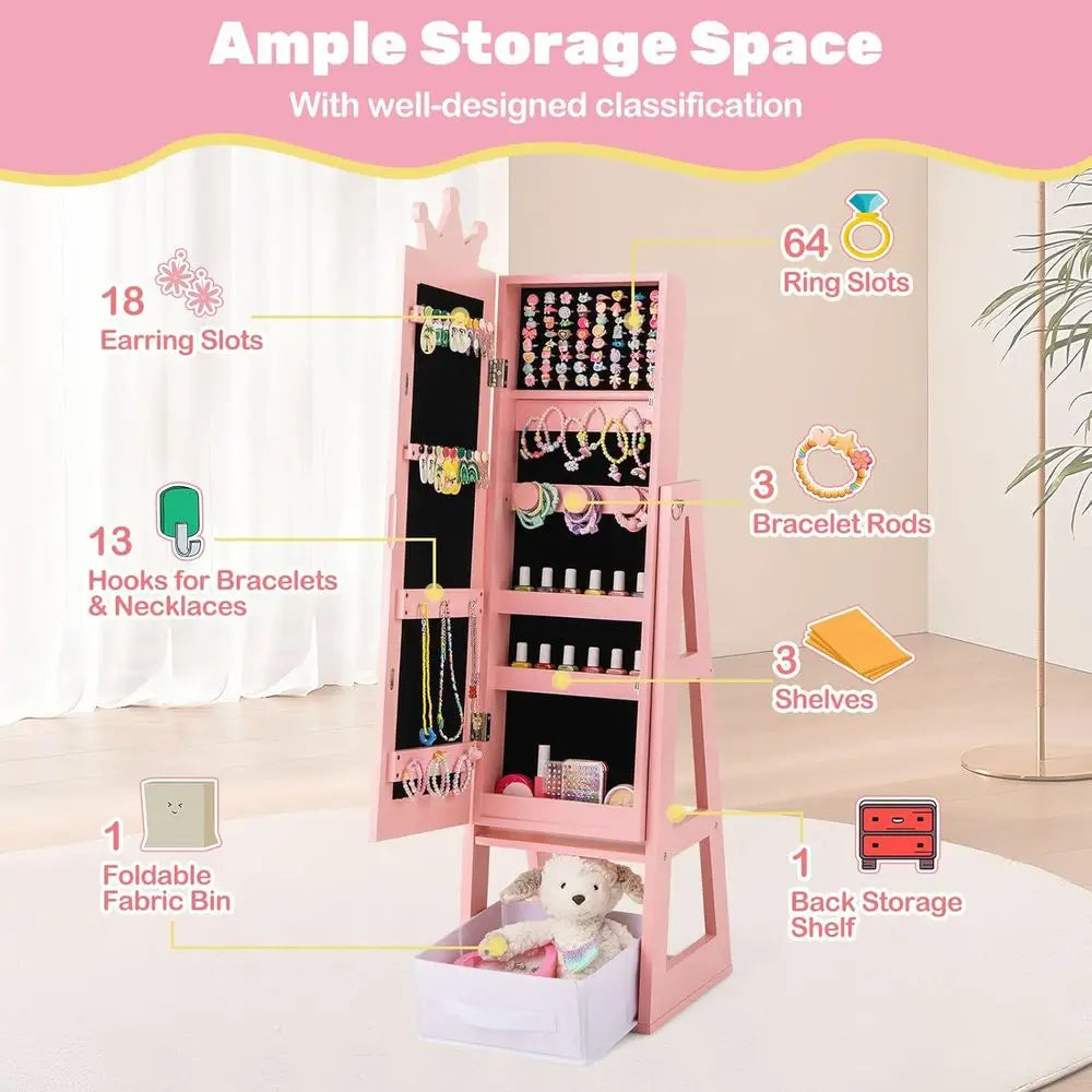 Kids Crown-Themed 45.5" Wooden Jewelry Armoire with Full-Length Mirror & Storage Box