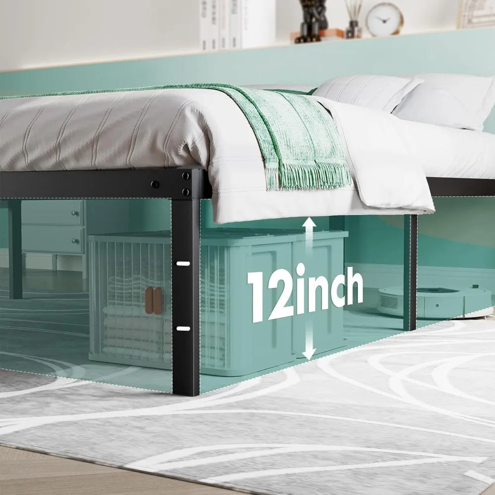 14 Inch High Full-size bed frame - Large heavy-duty metal platform beds frames w/storage space at the bottom, Full bed frame