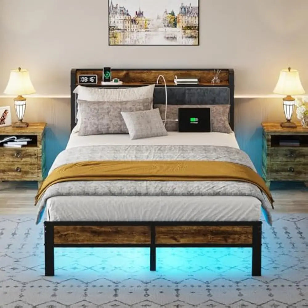 LED Queen size Bed Frame with Headboard, Metal Platform Bed with USB Charging Station, Easy Assembly, No Box Spring Needed