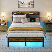 LED Queen size Bed Frame with Headboard, Metal Platform Bed with USB Charging Station, Easy Assembly, No Box Spring Needed