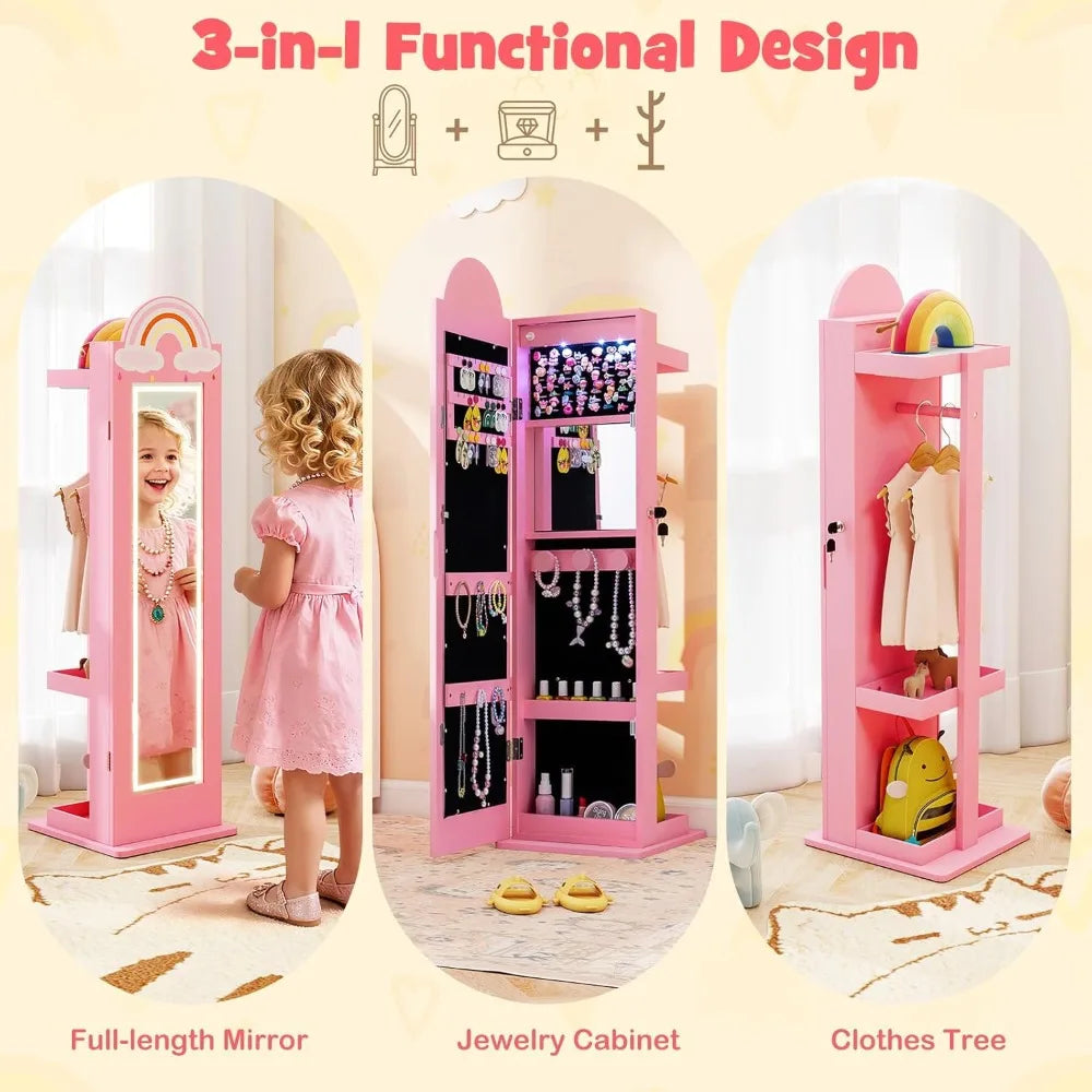 Rainbow Standing Jewelry Armoire with LED Lights, Full-Length Mirror & Makeup Mirror