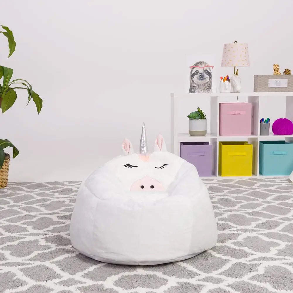 Cute Soft Furry Unicorn Bean Bag Chair Kids Plush Animal Furniture Comfortable Seating Removable Cover Safe Durable Kids Room