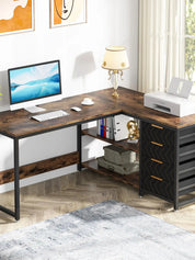 FurnishSpot SpaceSmart™ L-Shaped Computer Desk with Drawers & Open Storage