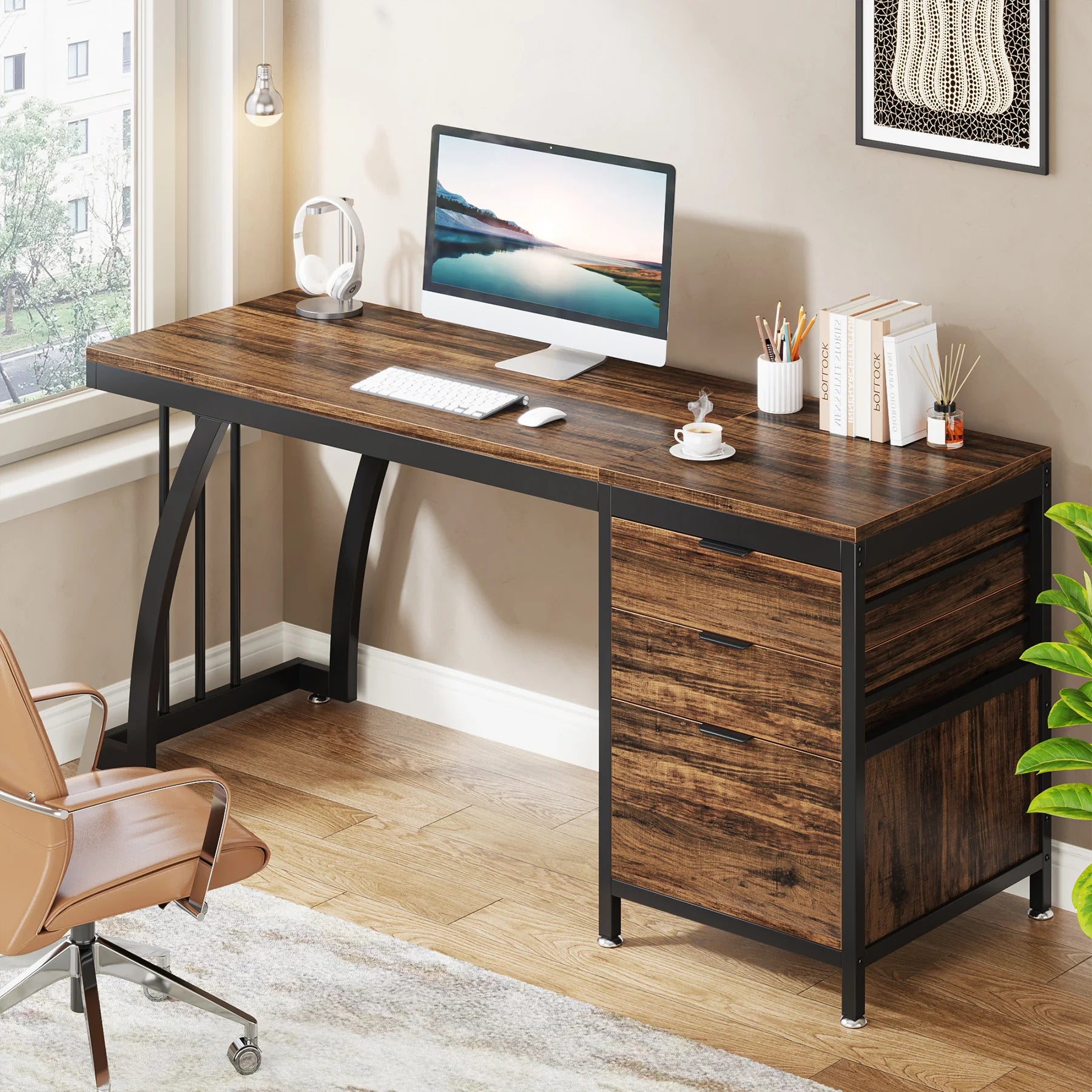 FurnishSpot SpaceSmart™ Computer Desk with Storage Drawers – Retro Modern Design
