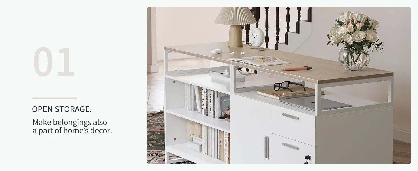 L-Shaped Executive Standing Desk with File Cabinet and Shelves, Electric Height Adjustable, Light Walnut