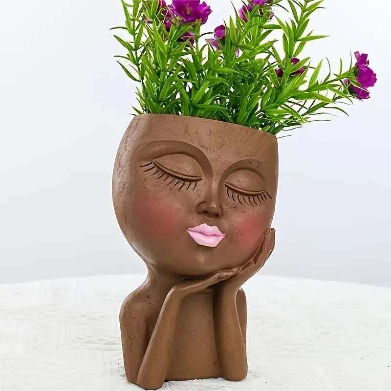 Shy Girl Face Planter, Creative Faux Human Resin Crafts, Multicolor Planter with Drainage Hole, Garden, Tabletop Decorations