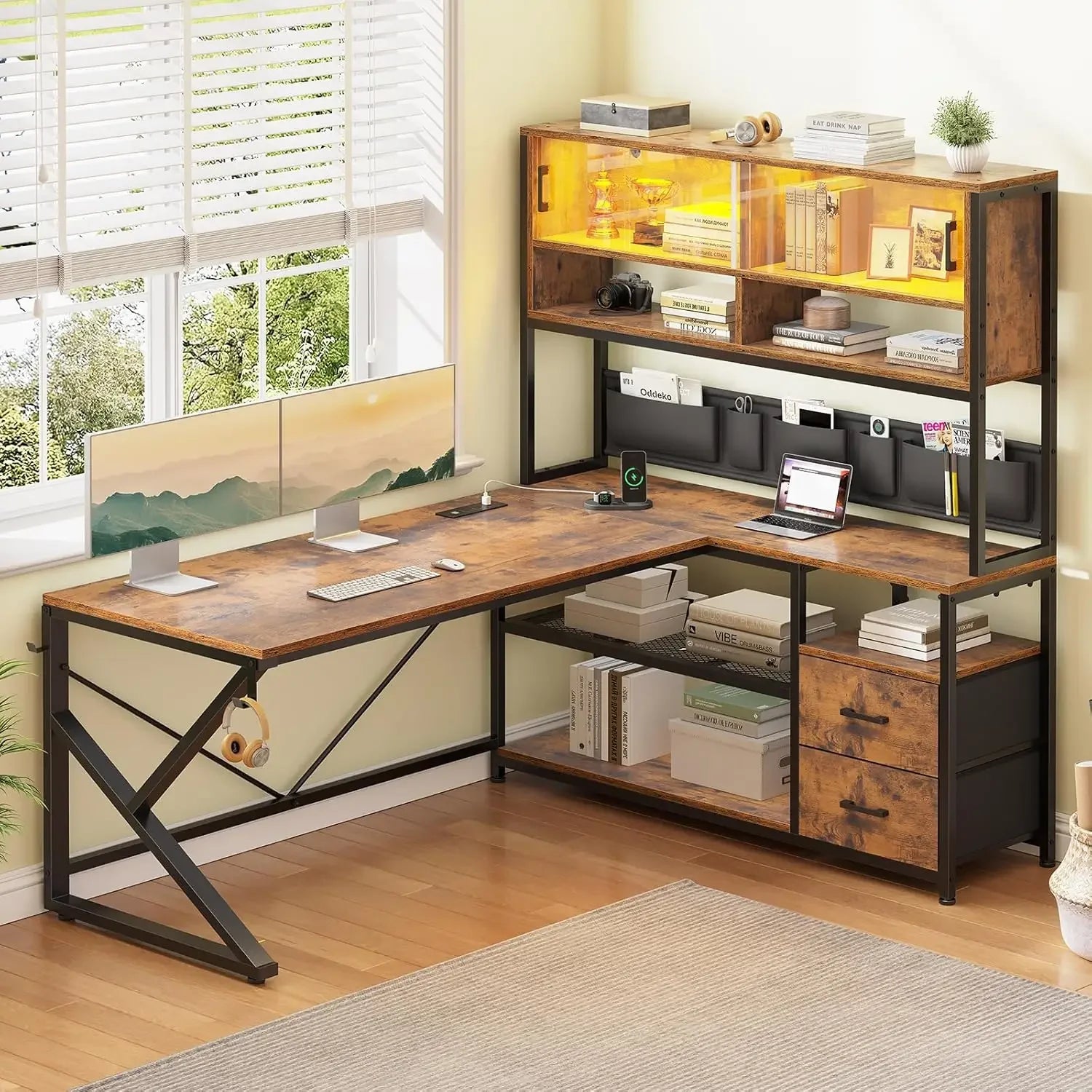 L Shaped Gaming Corner Desk with 2 Drawer and Bookshelf and LED Light