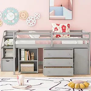 Playful Design Full Size Low Loft Bed with Slide and 3 Storage Drawers, Multiple Functions Wooden Loft Bed Frame with 2 Doors fo