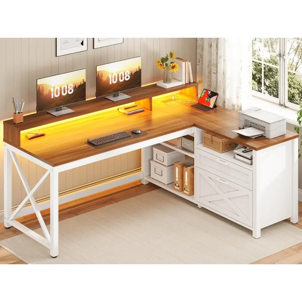 Farmhouse L Shaped 55" Desk with Drawers and Storage Shelves, and LED Lights